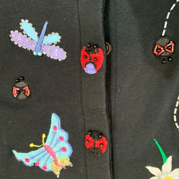 Berek2 Takako Small Beaded Cardigan Embroidered Black Butterfly Ladybug 80s Vtg - Picture 5 of 7